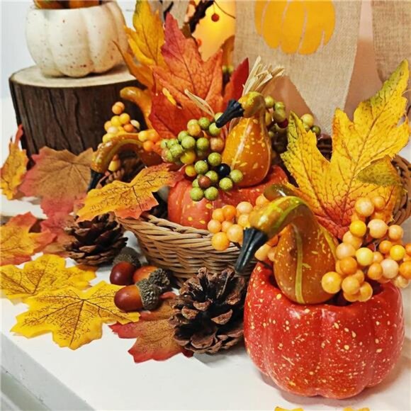 Set of 6 Artificial Pumpkin &‎ Pine Cone Decor - Thanksgiving Harvest Tabletop - Picture 6 of 7